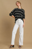 Umgee Black & Cream Wool Blend Striped Round Neck Sweater Shirts & Tops