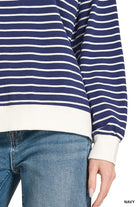 Zenana Navy Contrast Striped Round Neck Sweatshirt