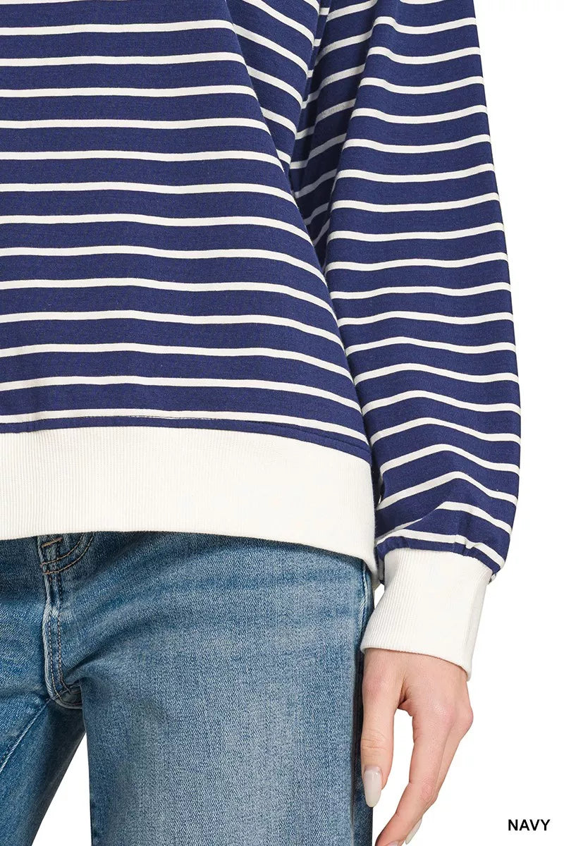 Zenana Navy Contrast Striped Round Neck Sweatshirt
