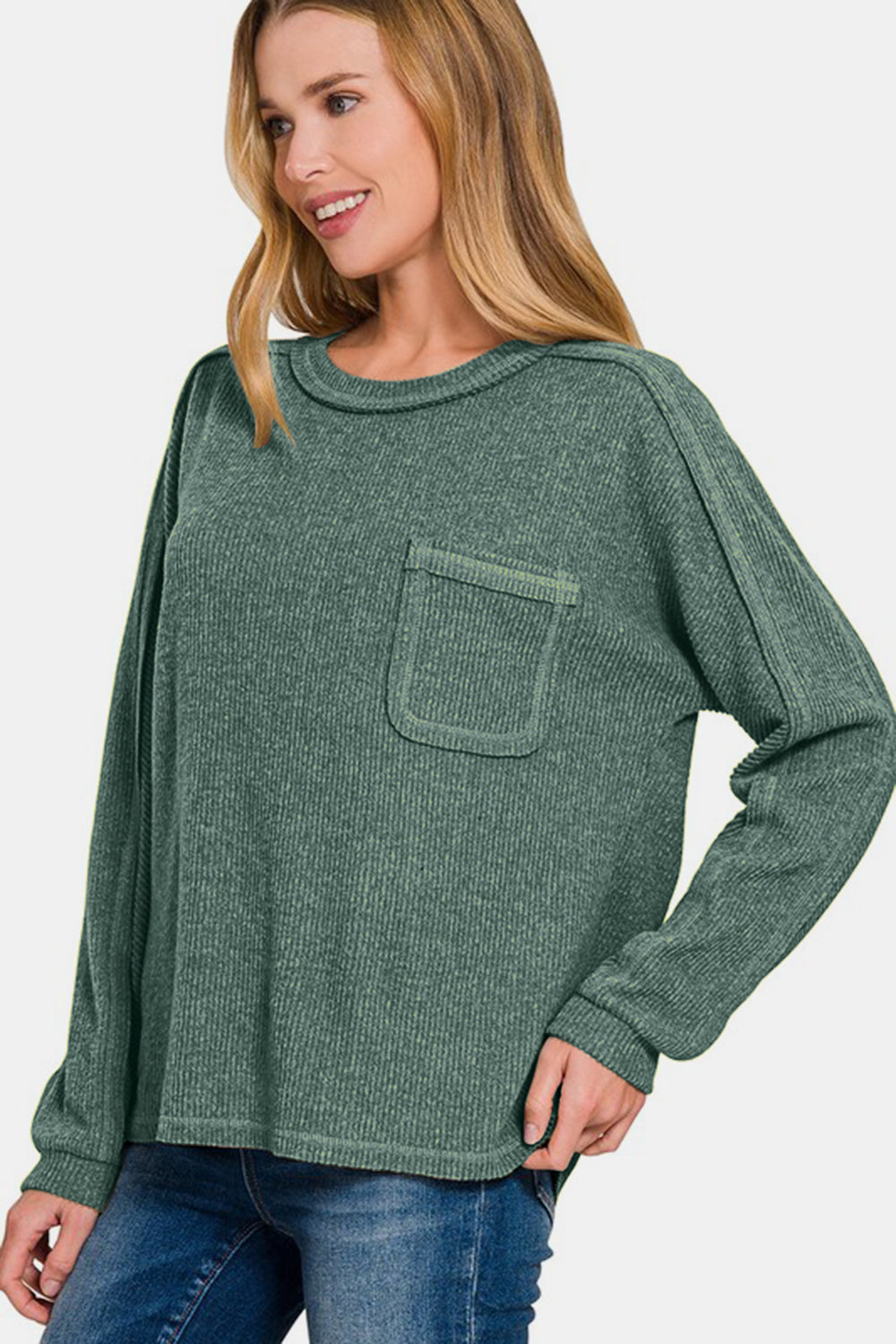 Zenana Ash Jade Contrast Stitching Brushed Ribbed Hacci Knit Top Shirts & Tops