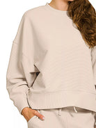 Zenana Sand Beige Ribbed Round Neck Pullover and Drawstring Pants Set