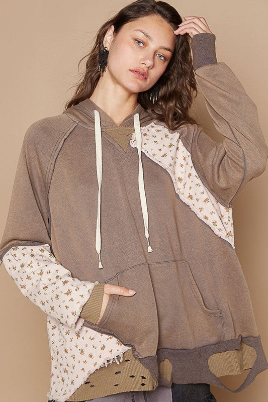 POL Mocha Floral Patchwork Distressed Drawstring Hoodie Mocha