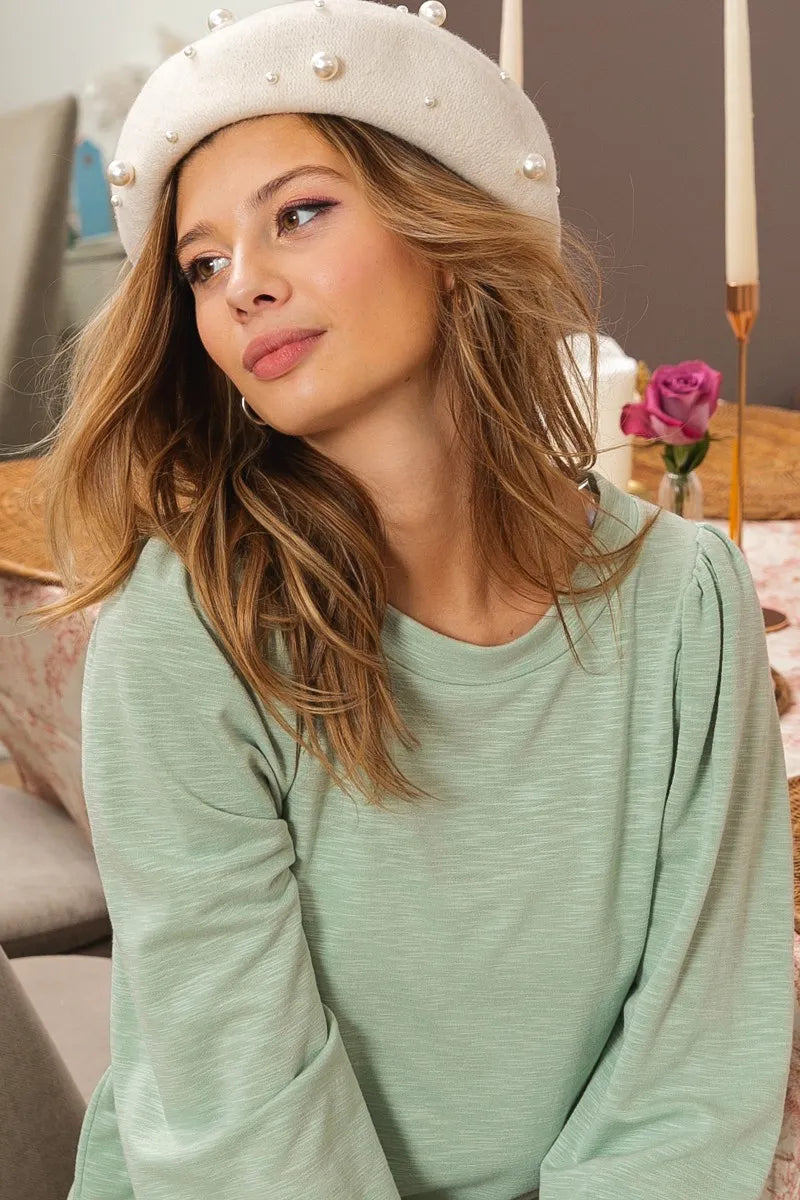 BiBi Sage Slub Terry Puff Shoulder Sweatshirt