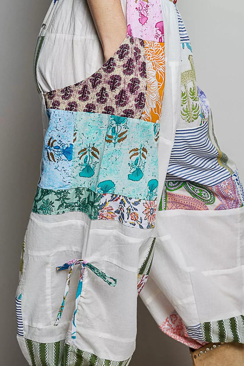 POL Ivory Multi Printed Bohemian Patchwork Wide Leg Pants with Adjustable Side Drawstring
