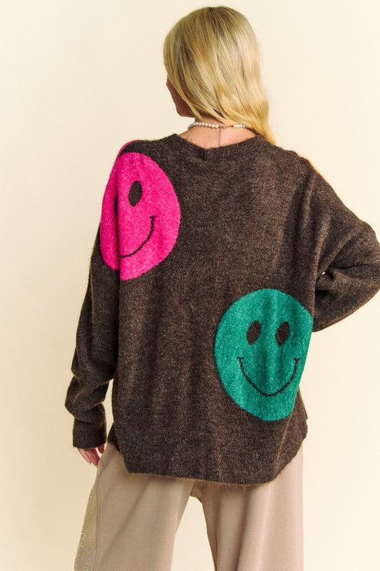 Davi & Dani Dark Brown Contrast Smile Printed Round Neck Oversize Sweater Shirts & Tops