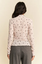Davi & Dani Pink Ribbon Bow Lace Hem Long Sleeve Mesh Layering Top