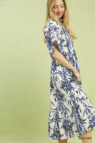Umgee Blue Mix Floral Border Midi Dress with Pockets