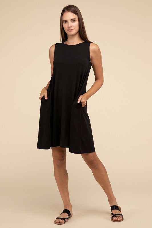 Zenana Sleeveless Flared Dress with Side Pockets in 3 Colors ZENANA