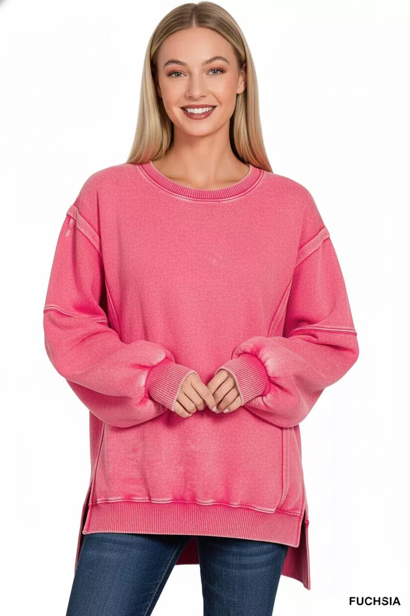 Zenana Fuchsia Acid Washed Batwing Sleeve Fleece Sweatshirt