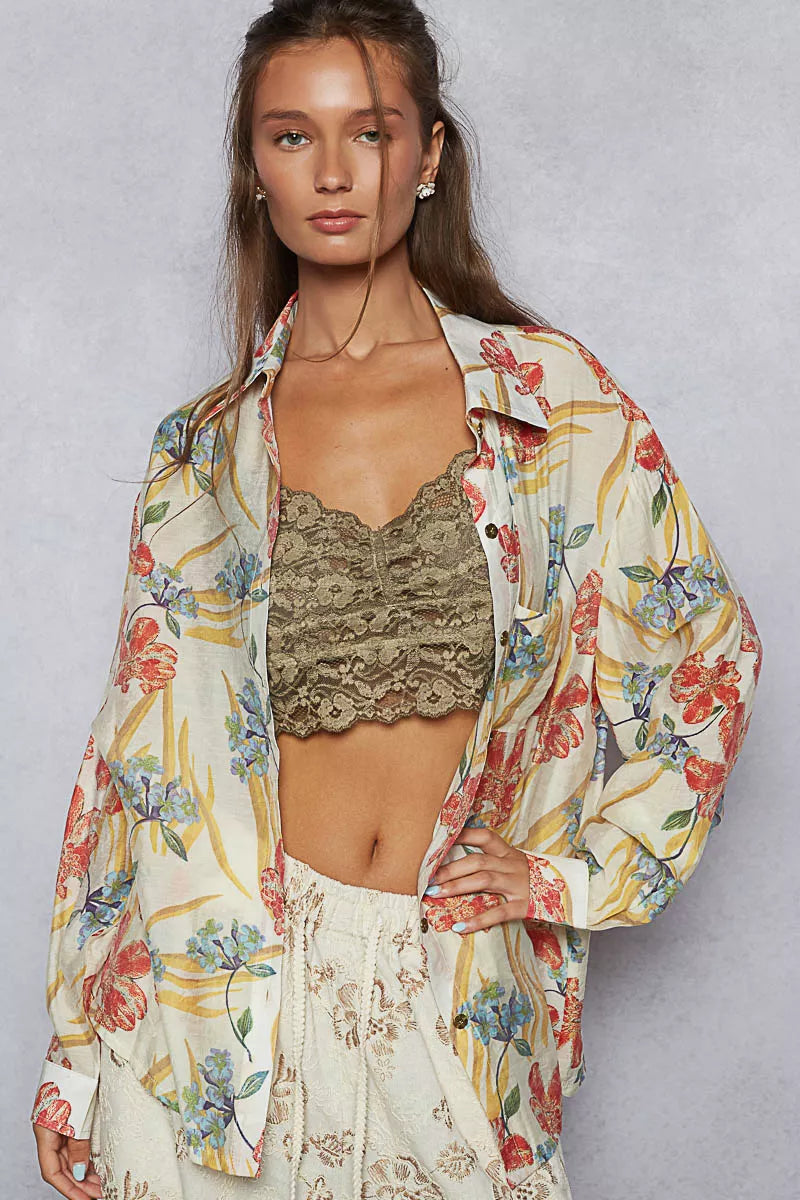 POL Floral Print Button Down Long Sleeve Shirt