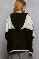 POL Floral Star Patch Hooded Blouse with Lace Contrast Detail in Black