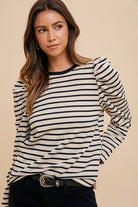 Annie Wear Black Striped Round Neck Puff Sleeve French Terry Top