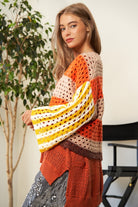 Davi & Dani Yellow & Orange Chunky Knit Openwork Open Front Striped Cardigan Trendsi