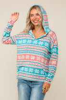 Haptics Teal/Red/White Snowflake Print Brushed Hacci Hoodie Pullover