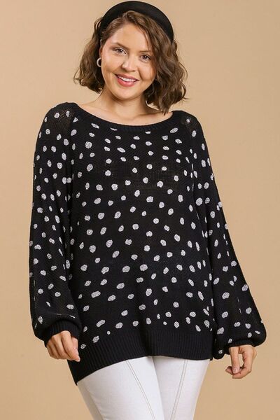 Umgee Black Dalmatian Hand Stamped Round Neck Sweater Plus Size