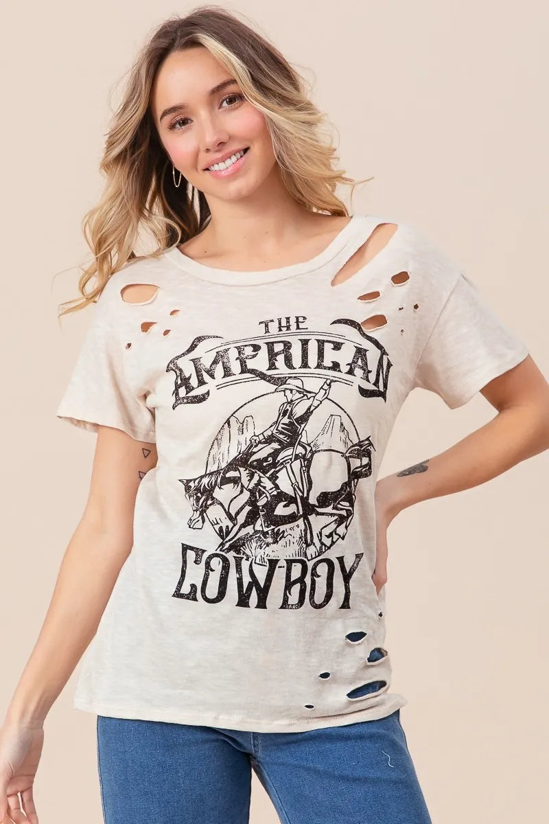 BiBi Taupe Cotton Slub Laser Top American Cow Boy Graphic
