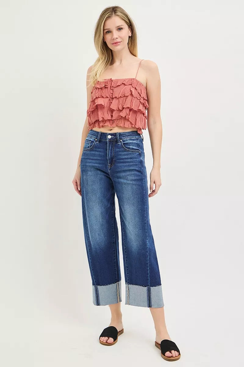 RISEN Dark Washed Slouchy Crop Barrel Cuffed Jeans