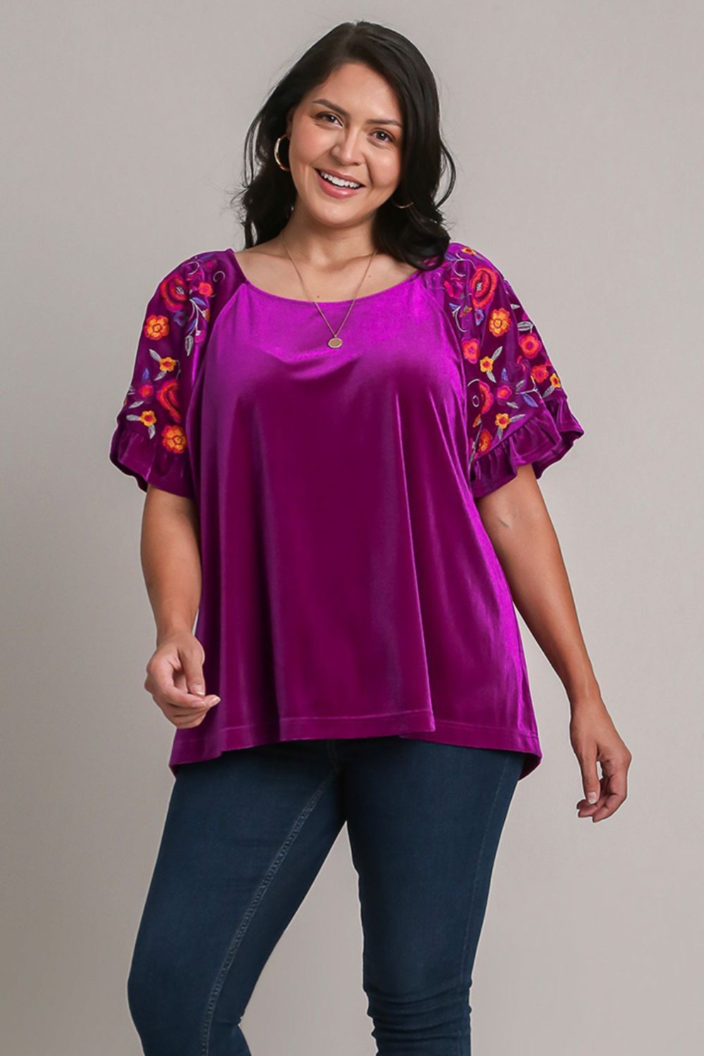 Umgee Violet Velvet Embroidery Short Sleeve Blouse Shirts & Tops