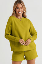 Double Take Quilted Textured Long Sleeve Top and Drawstring Shorts Set Chartreuse Trendsi