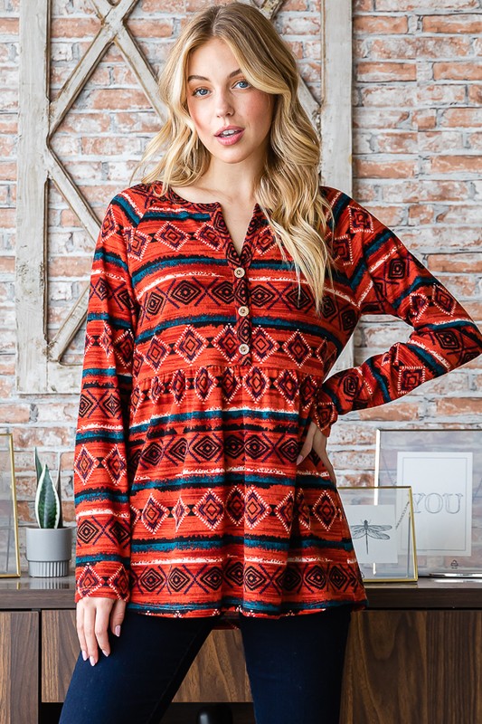 Heimish Scarlet Geometric Button Detail Long Sleeve Babydoll Top Shirts & Tops