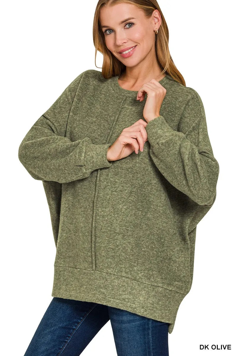Zenana Dark Olive Brushed Melange Hacci Oversized Sweater