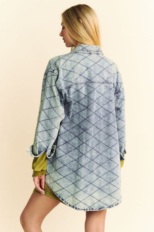 Davi & Dani Light Blue Curved Hem Diamond Quilted Button Up Denim Shacket Trendsi