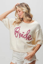 BiBi Ivory Bride Metallic Letter Short Puff Sleeve Hairy Sweater