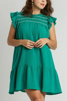 Umgee Jade Green Smocked Contrast Stitching Ruffle Cap Sleeve Round Neck Dress P