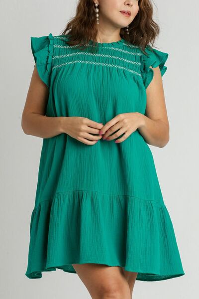 Umgee Jade Green Smocked Contrast Stitching Ruffle Cap Sleeve Round Neck Dress P