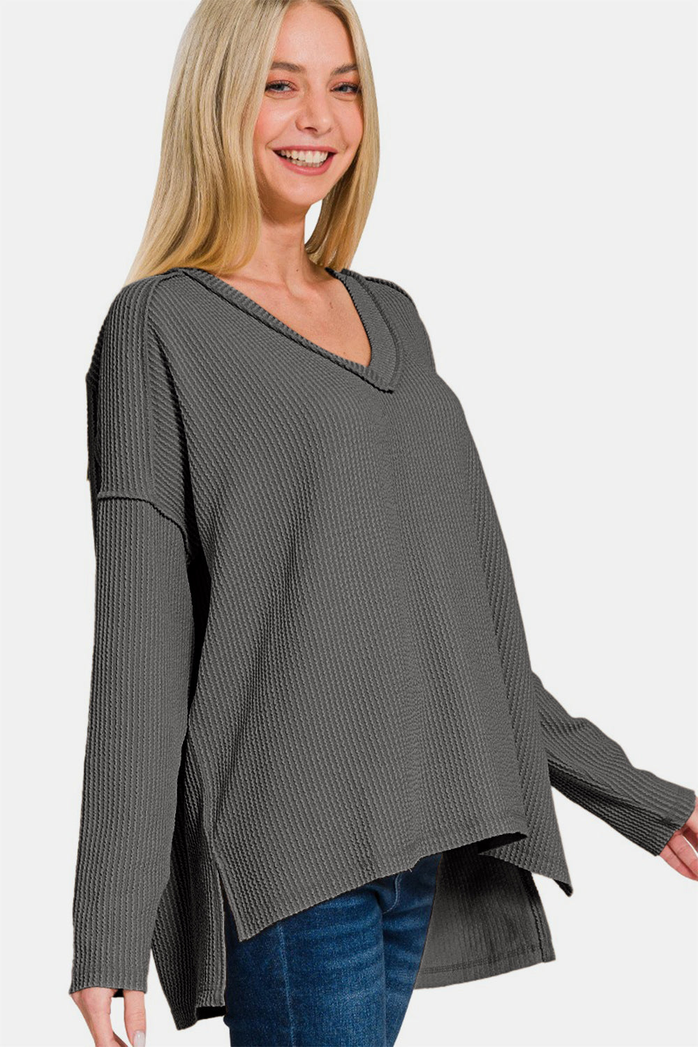 Zenana Charcoal Textured Exposed Seam V-Neck Long Sleeve Top Shirts & Tops