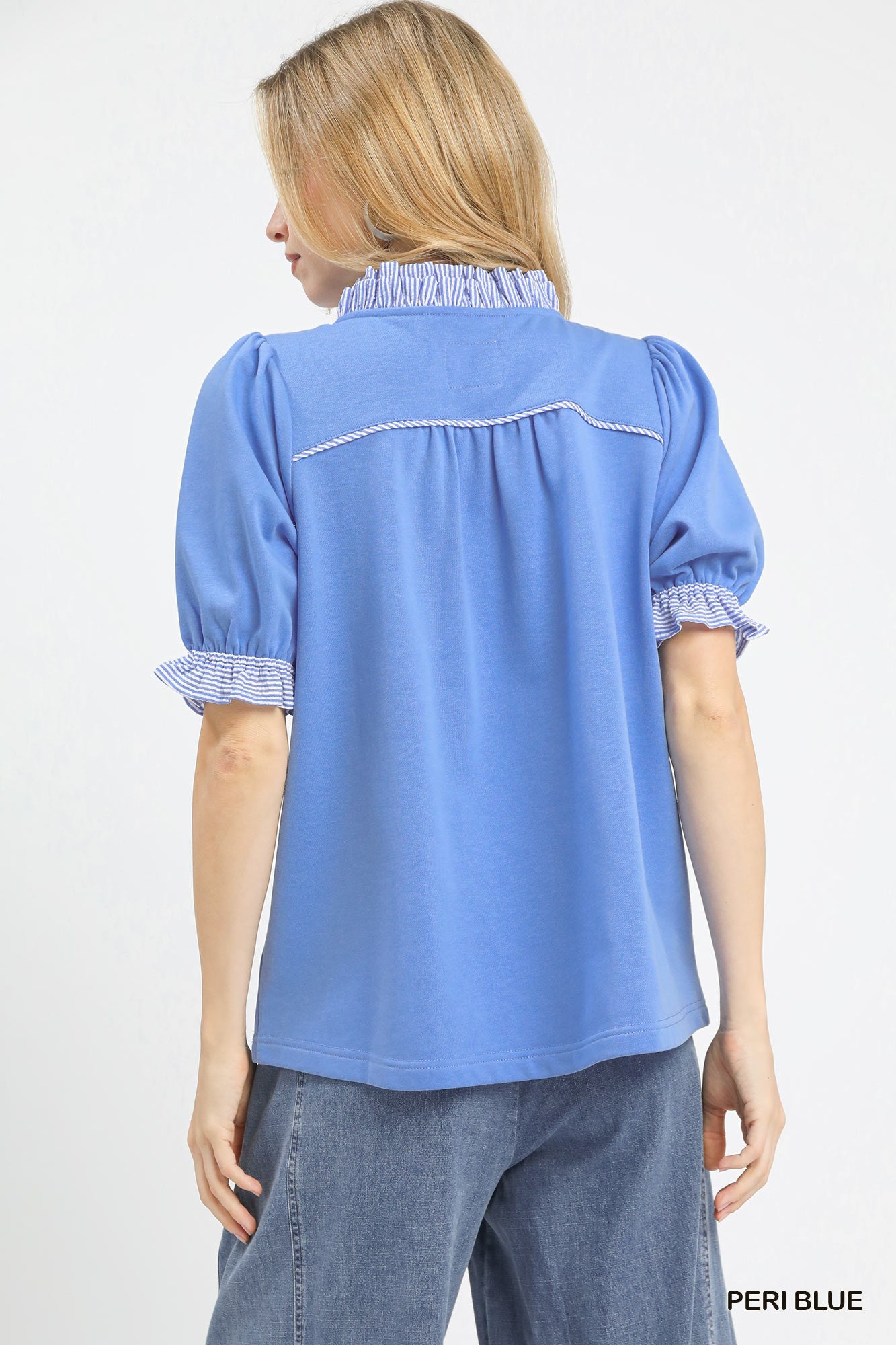 Umgee Peri Blue French Terry Ruffle Trim Puff Sleeve Top