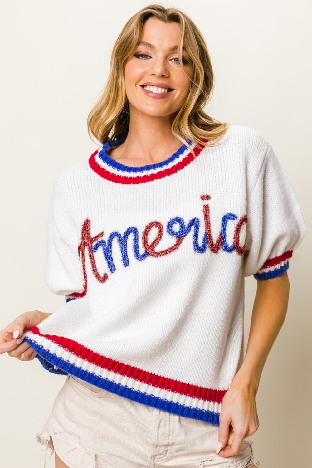 BiBi Metallic America Letter Short Sleeve Patriotic Sweater Trendsi