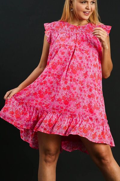 Umgee Hot Pink Smocked Detail Floral Metallic Ruffle Cap Sleeve Dress