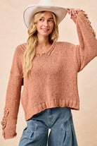 BiBi Dusty Peach Chunky Knit Sweater with Flower Detail Sleeves