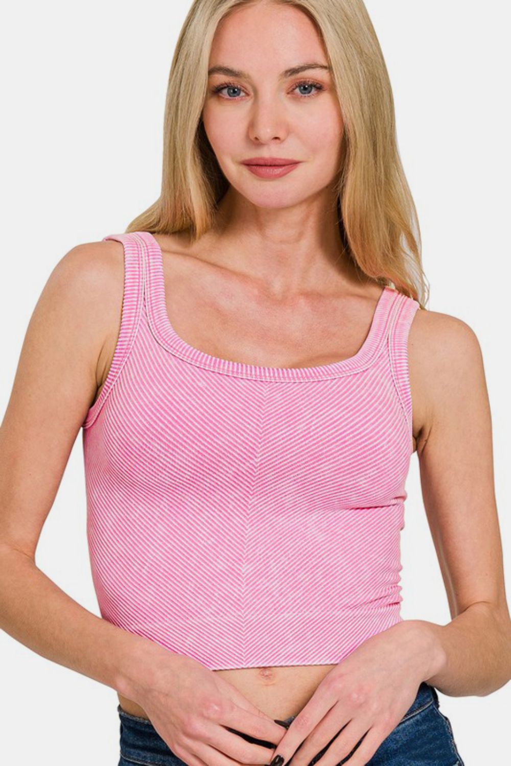 Zenana Candy Pink Stone Washed Ribbed Scoop Neck Wide Strap Seamless Bra Tank CANDY PINK