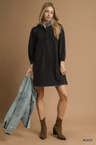 Umgee Black French Terry Balloon Sleeve Shift Dress with Leopard Print Detail