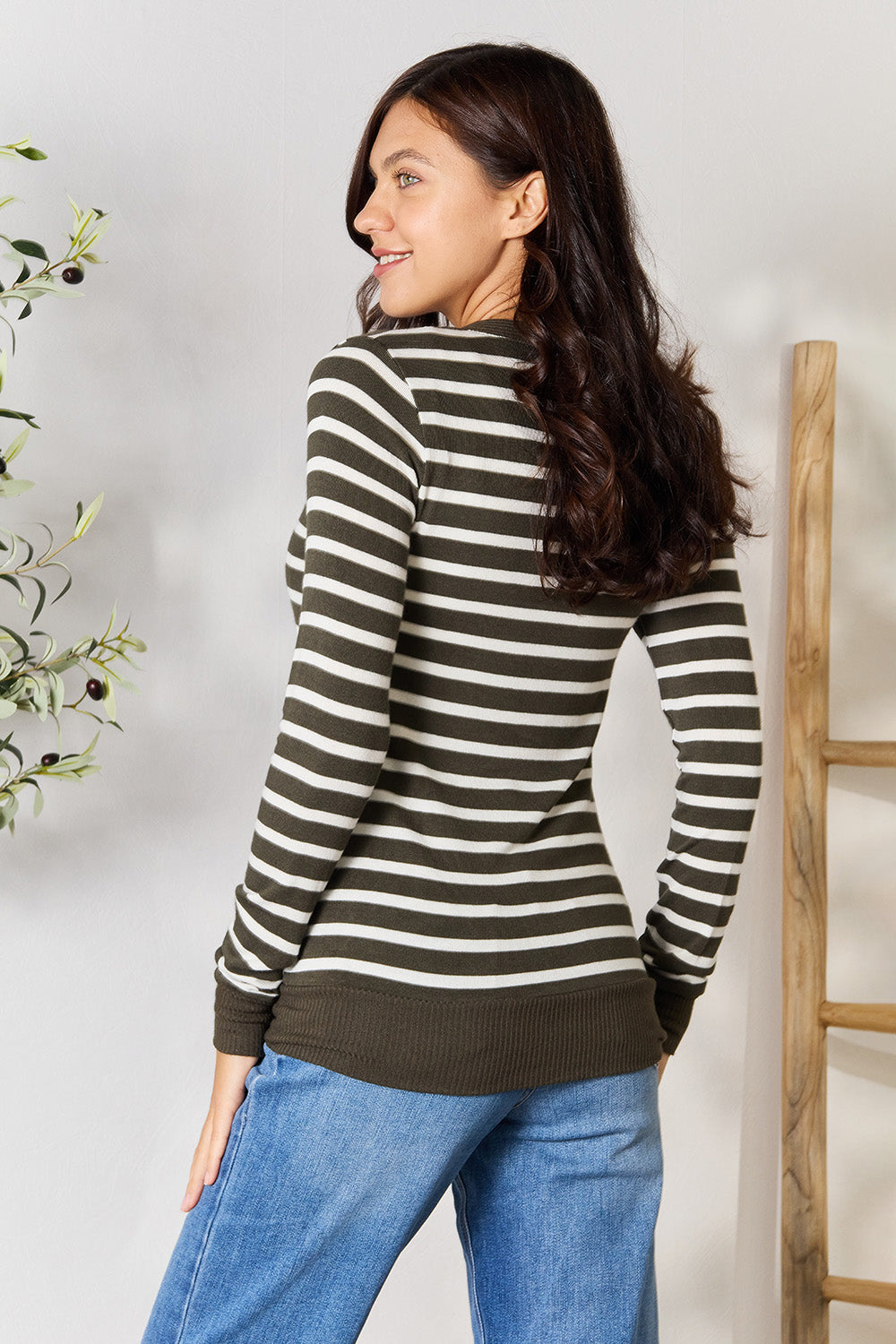 Zenana Dark Olive & Ivory Striped Snap Down Cardigan Trendsi