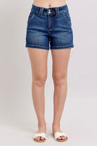 Judy Blue Dark Washed Double Button Waistband Denim Shorts