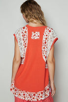 POL Red Floral Frayed Hem Crochet Cap Sleeve Top