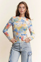 Davi & Dani Cobalt Multi Printed Mesh Round Neck Long Sleeve Top COBALT MULTI