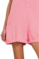 Zenana Dark Pink Tencel Mineral Washed Half Button Shirtsl Romper