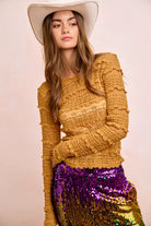 BiBi Mustard Ruffles Detail Mardi Gras Color Flower Lace Top