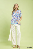 Umgee Blue Mix Boho Printed V-Neck Blouse