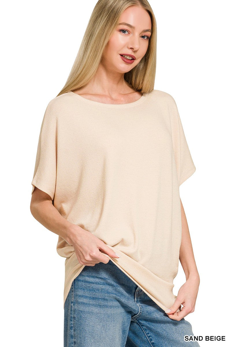 Zenana Sand Beige Hacci Dolman Sleeve Boat Neck Top