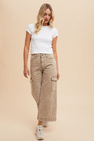 Annie Wear Washed Camel Raw Hem Wide Leg Jeans with Cargo Pockets