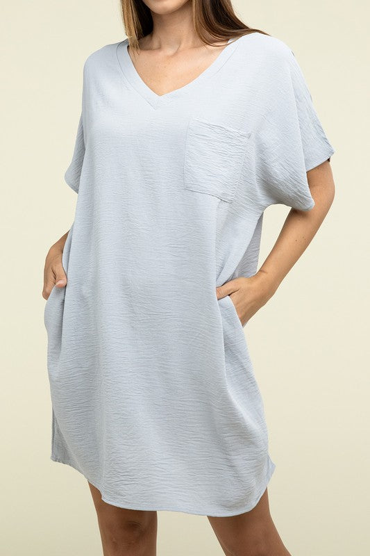 Zenana Woven Airflow V Neck T-Shirt Dress with Pockets LT GREY ZENANA