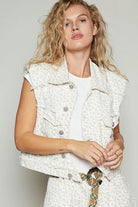 POL Ivory & Apricot Floral Asymmetrical Front Closure Raw Hem Floral Denim Vest