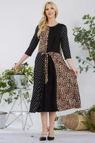 Celeste Black & Leopard Multi Pattern Front Tie Midi Dress