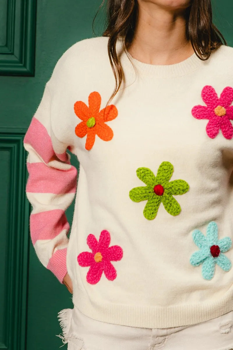 BiBi Oatmeal Colorful Floral Patched Sweater with Striped Sleeve