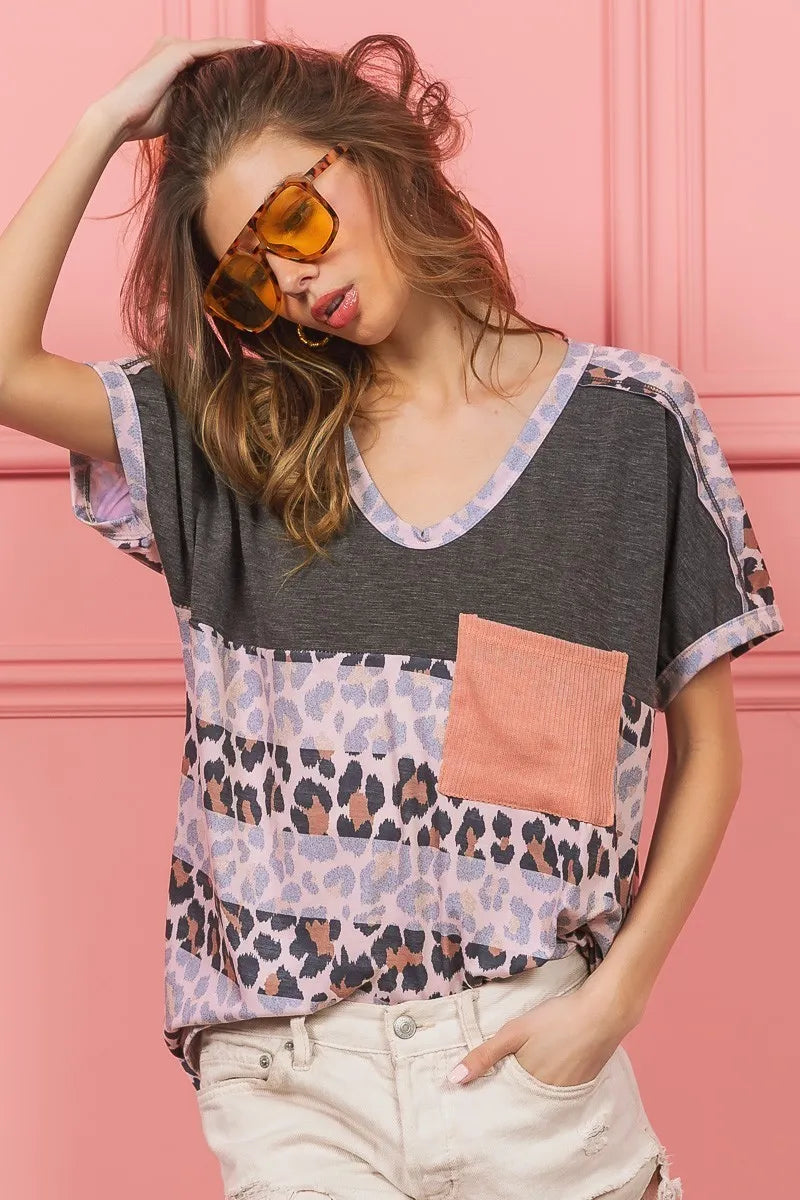 BiBi Charcoal Leopard Stripe with Slub Terry Color Block T-Shirt